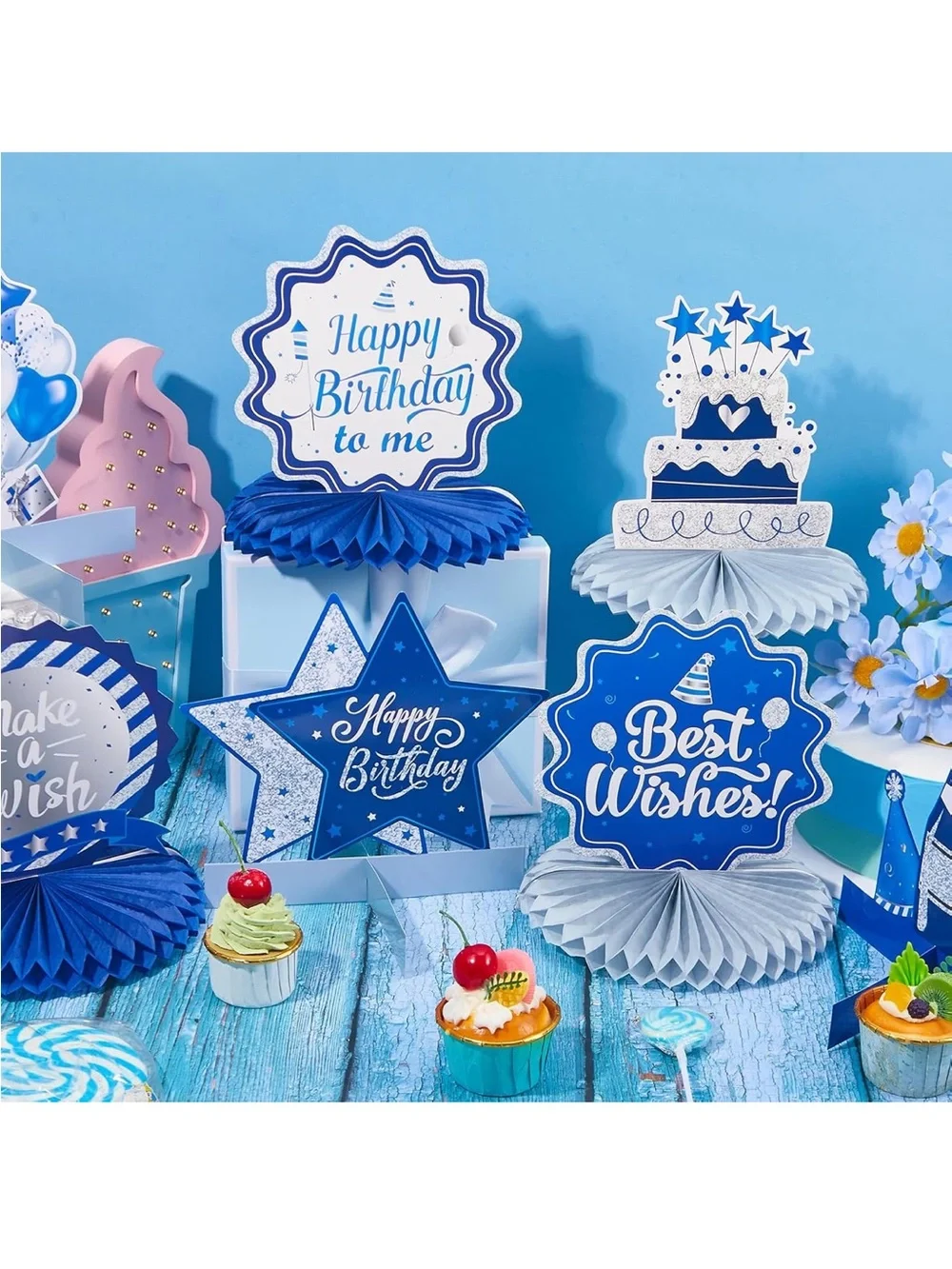 NEW Happy Birthday & Best Wishes Blue Party Centerpiece Set of 12🌼
